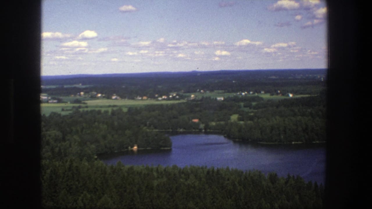 Aerial countryside view with lake, forest, fields, and scattered houses.