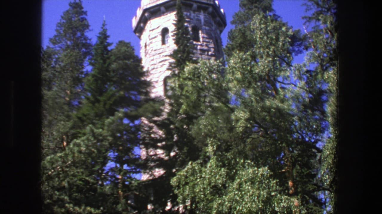 Crenellated stone tower framed by trees and blue sky.