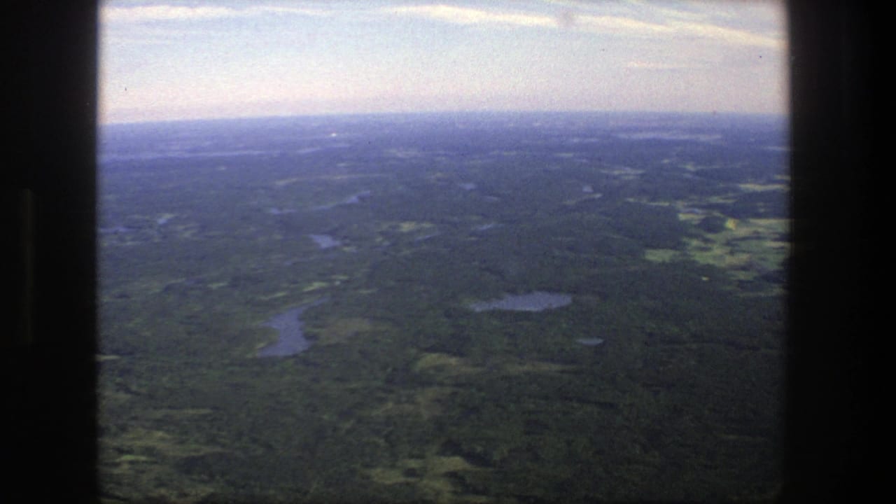 High aerial landscape with forest, lakes, and distant horizon.