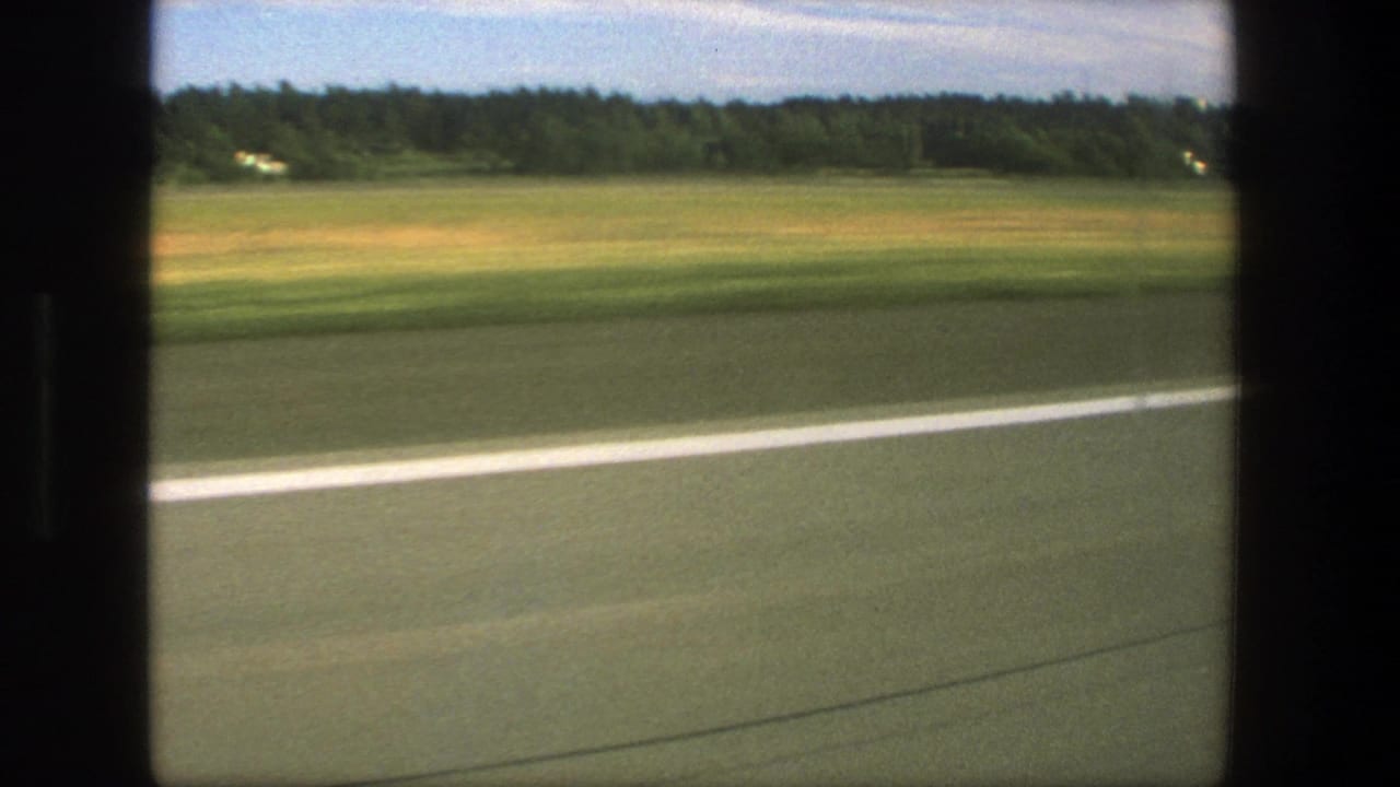 Paved road and white line in the foreground with open grassland and trees beyond.