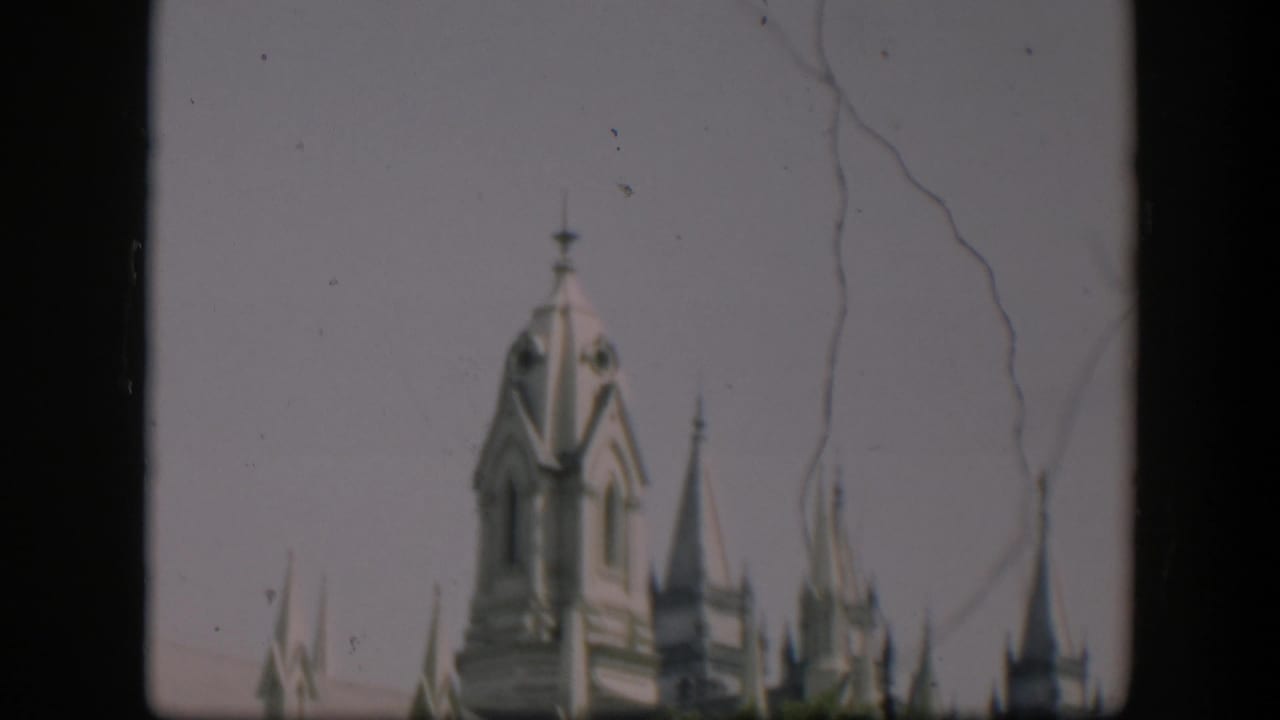 Soft 8mm view of pointed building spires rising behind trees under a pale sky.