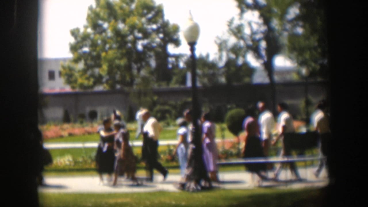 Adults walking along a park path beside lawns, orange flowers, trees, and a lamppost.