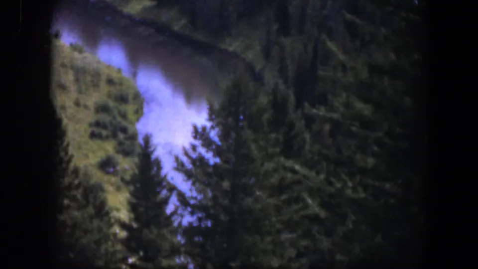 1951 Wyoming 8mm still of a river bend below dark pine trees, with soft grain and purple-blue color shift.