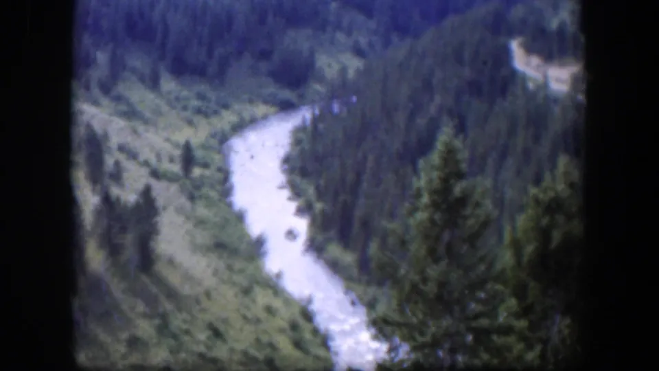 1951 Wyoming scenic frame of a pale river cutting through dense green forest, with dark 8mm borders and visible grain.