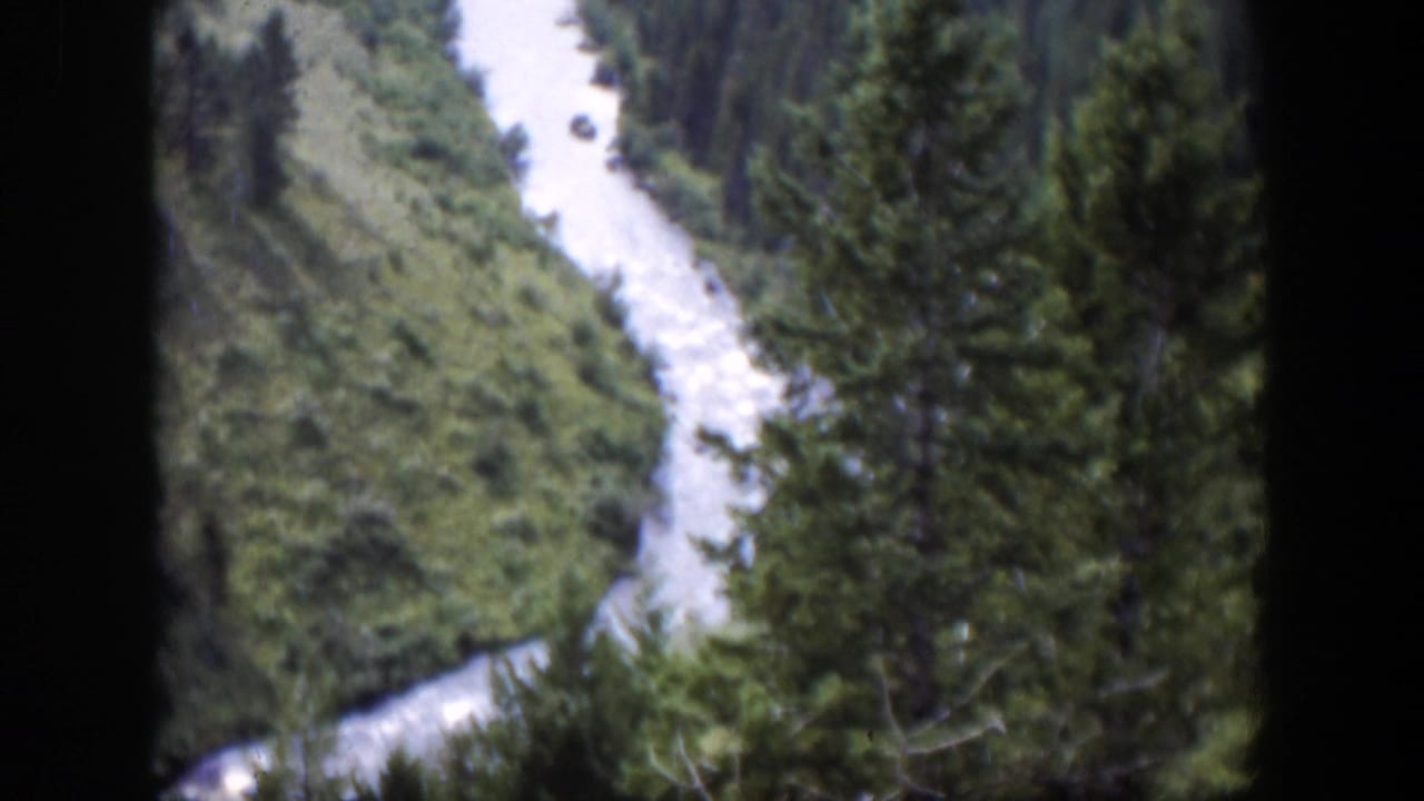 1951 Wyoming 8mm frame of a winding river beside evergreen trees, viewed from above in a mountain valley.
