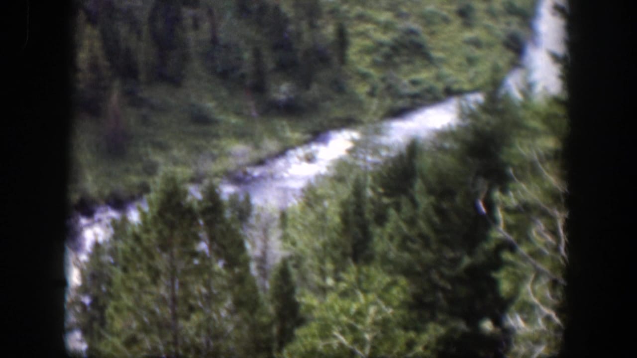 1951 Wyoming home-movie frame with a white river bend cutting through conifers, viewed from above.
