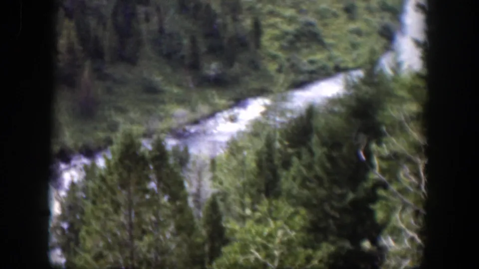 1951 Wyoming home-movie frame with a white river bend cutting through conifers, viewed from above.