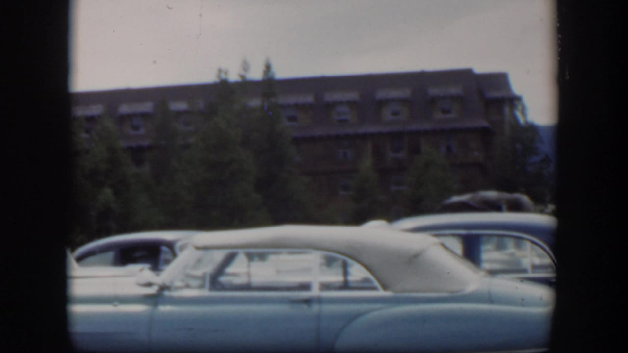 Parked classic cars in front of pine trees and a large brown building.