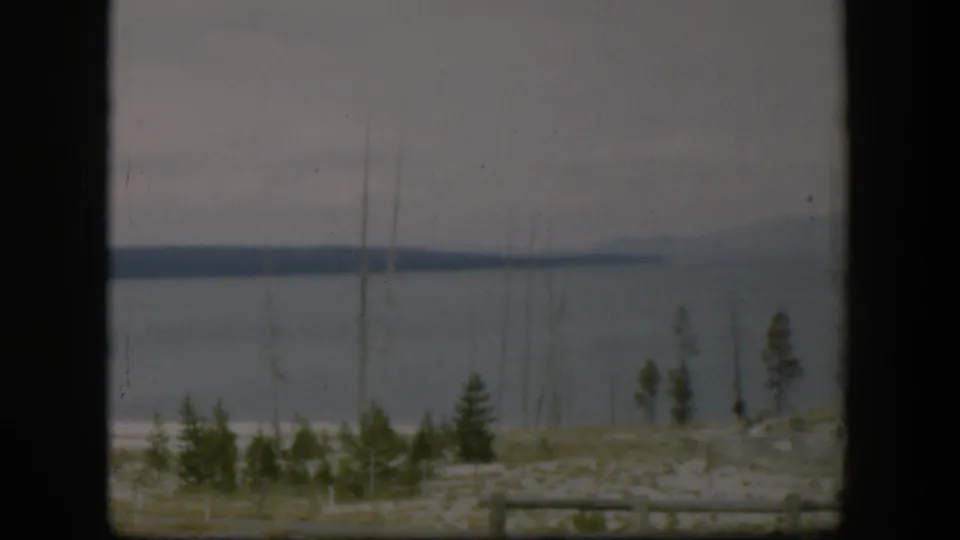 1951 Wyoming lake view framed by dark vertical edges, with low hills across the water, small evergreens, dead trunks, and rail fencing.