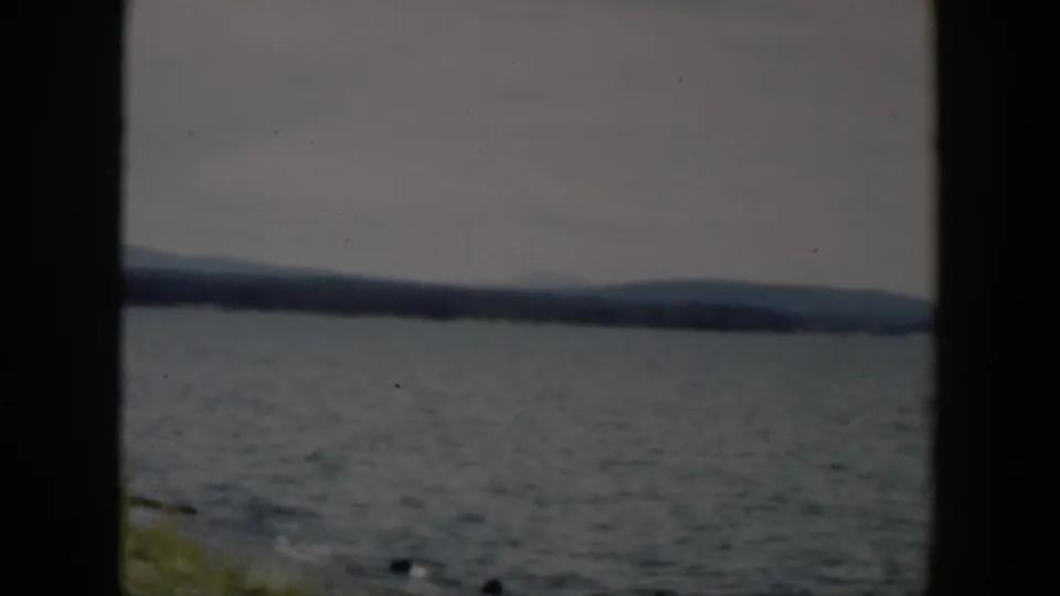 1951 Wyoming lake view with gentle surface ripples, a far wooded shore, low hills, and narrow shoreline grass at right.