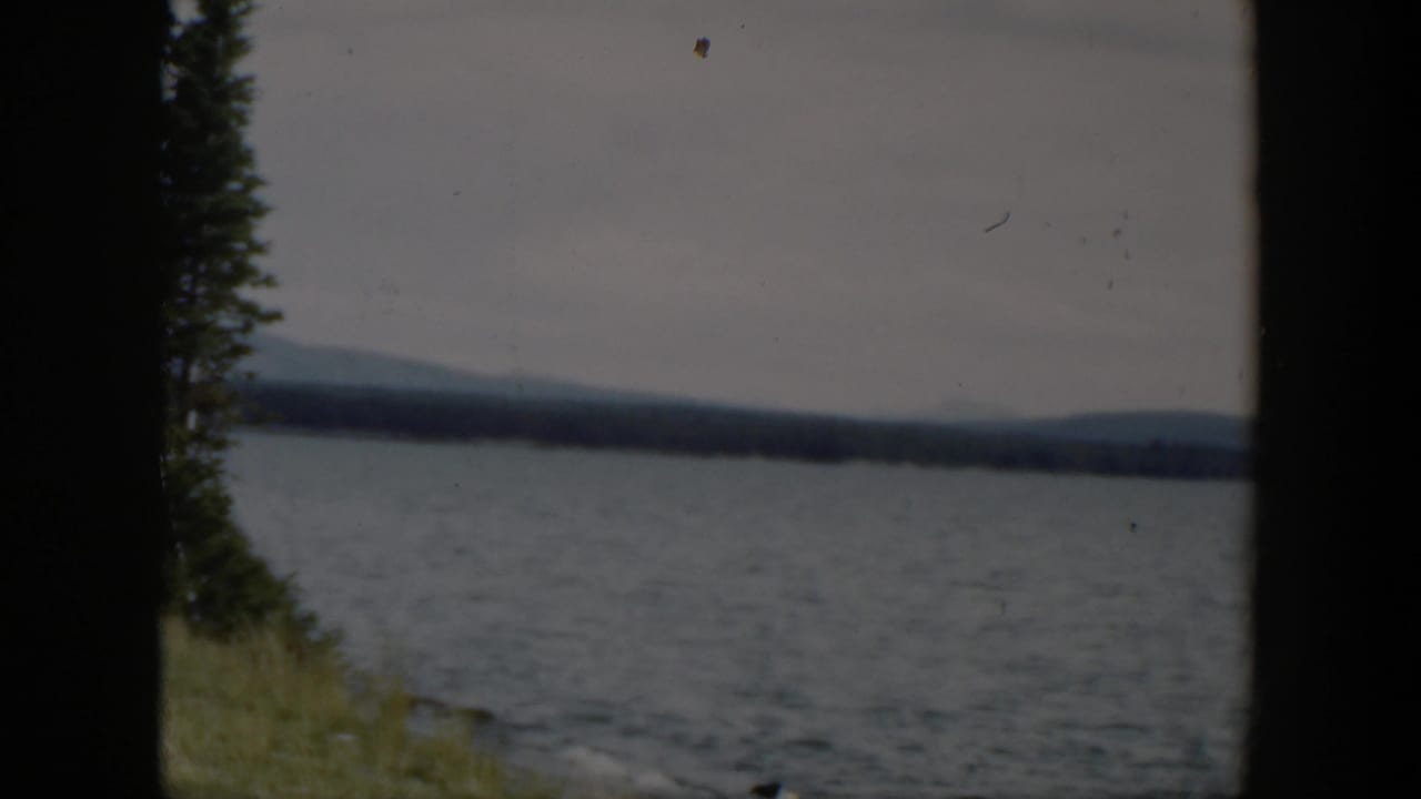 1951 Wyoming 8mm frame showing rippled lake water, a grassy shore at left, distant hills, and muted overcast sky.