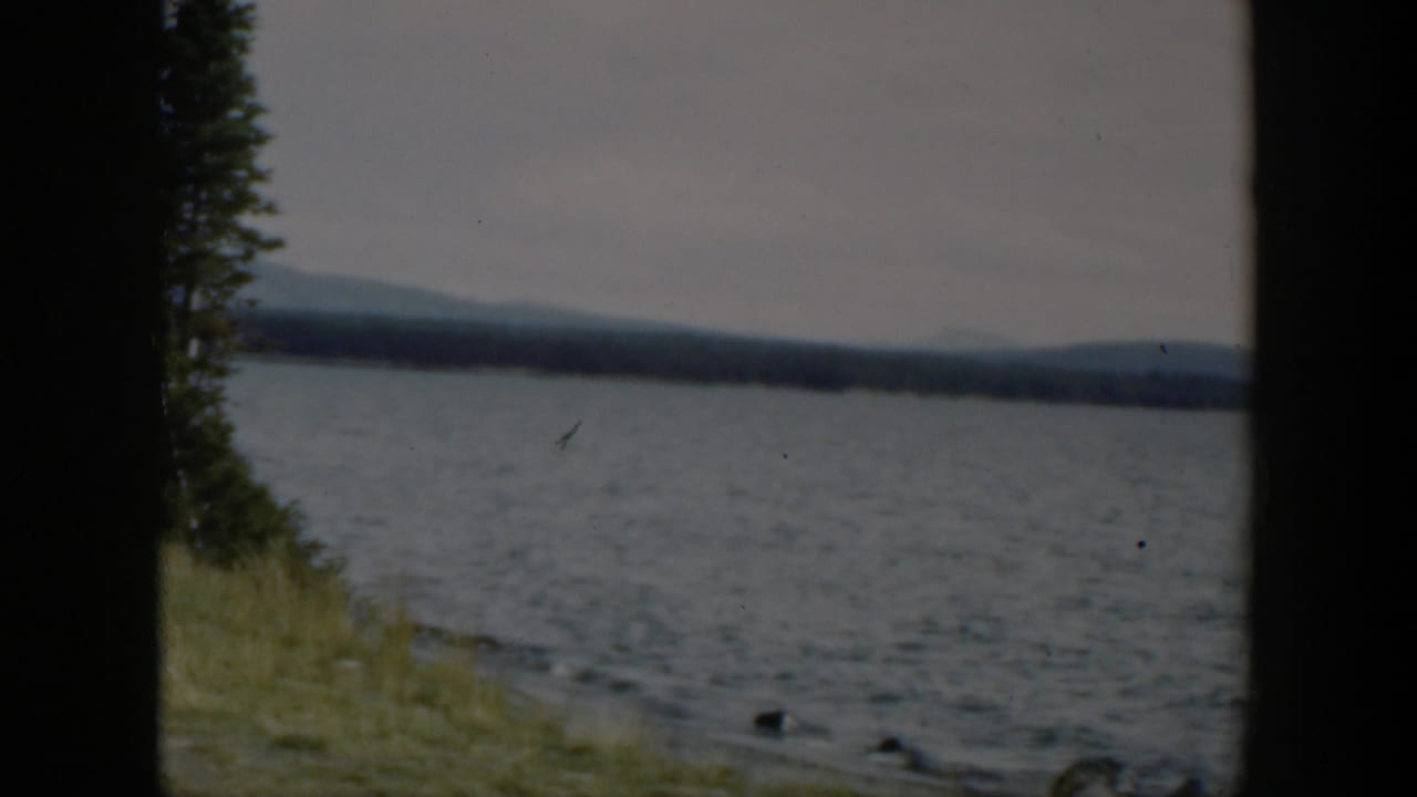 1951 Wyoming home-movie frame of a lake beside a grassy bank, with far hills and visible film grain.