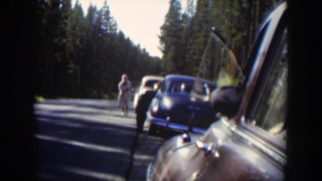 Mid-century Wyoming home movie frame with cars pulled over, a woman on the road, and a bear near the vehicles.