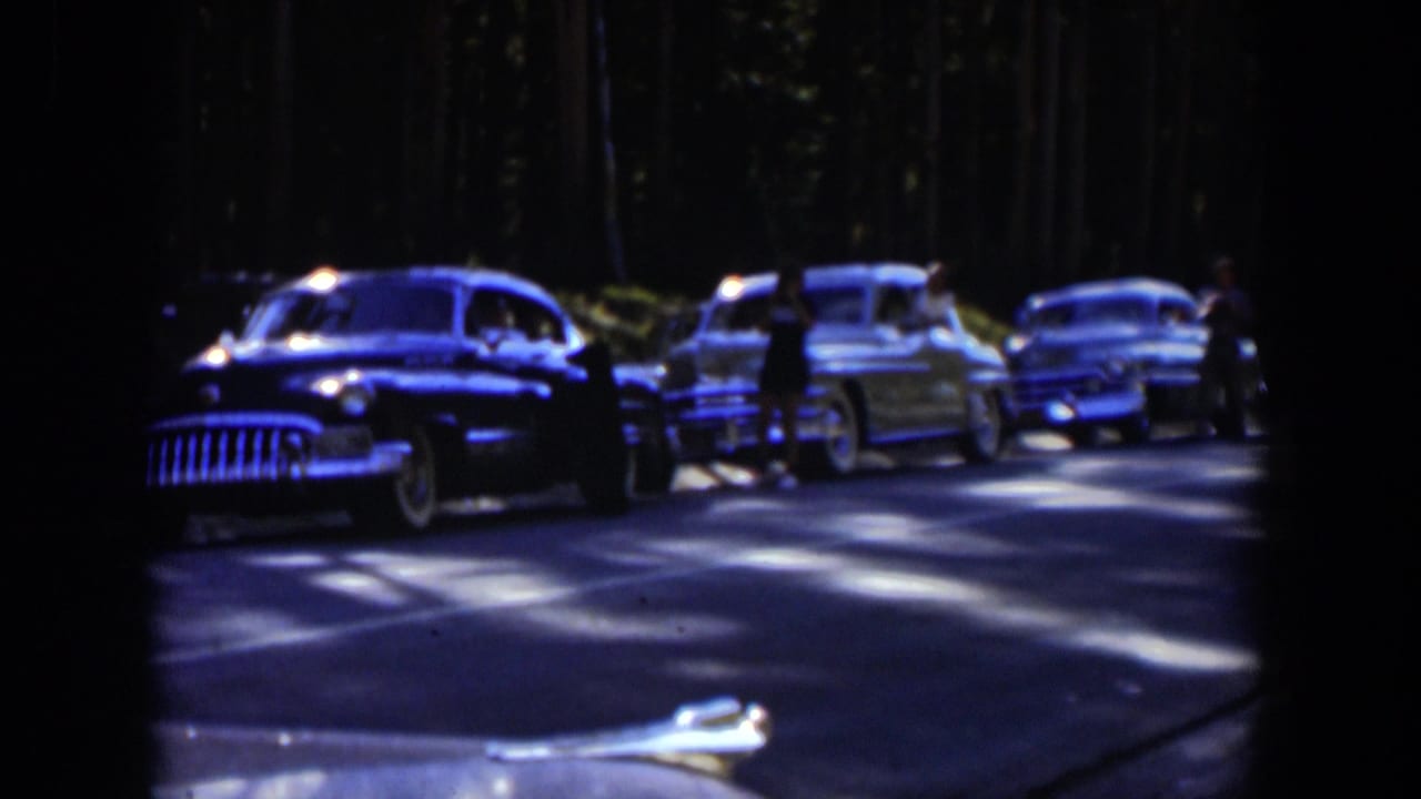 Several mid-century cars sit or move slowly on the shaded Wyoming forest road, with a person possibly near one vehicle.