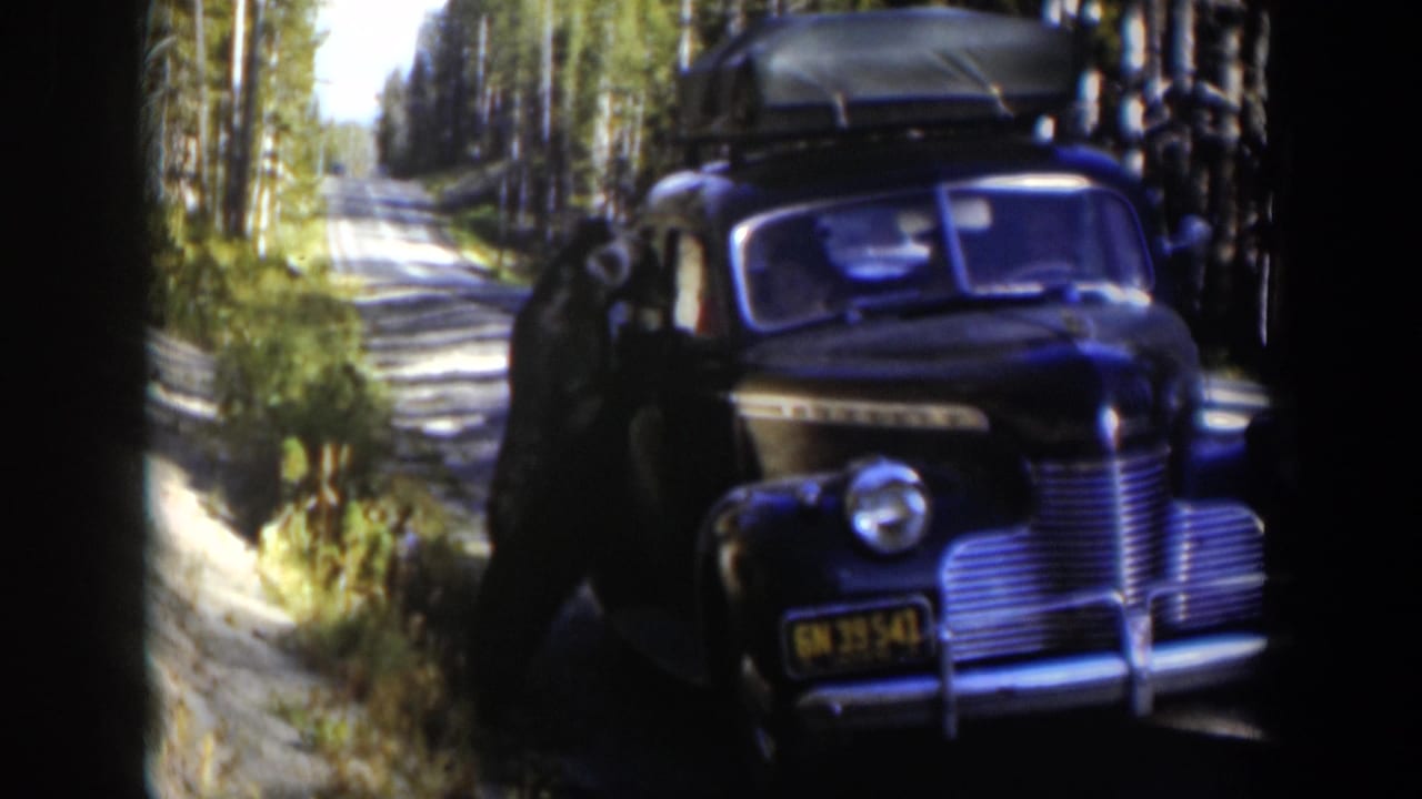 The final frame holds on a dark 1950s sedan with roof luggage beside a forest road in Wyoming, with an adult figure near the car.