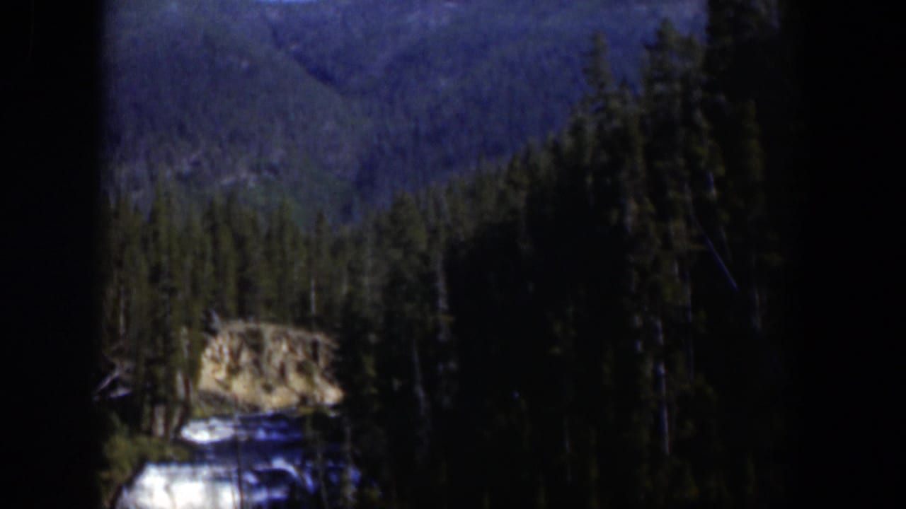 Forested mountain slope seen through dark vehicle-window edges.