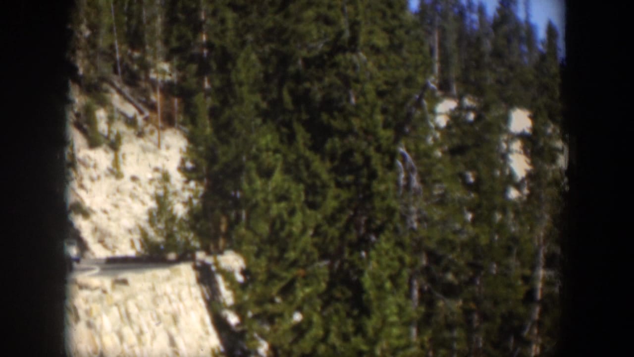 1951 Wyoming home-movie frame of a winding mountain road bordered by rocky slopes, evergreens, and a stone retaining wall.