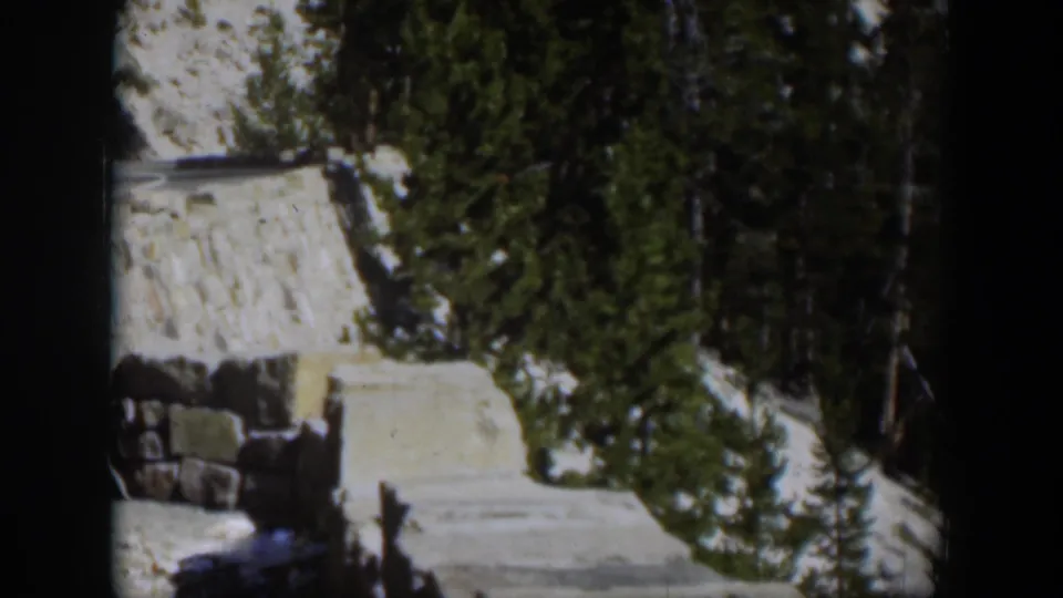 1951 Wyoming 8mm frame showing snow patches, evergreen forest, and a pale stone or path edge on a sunny mountain slope.