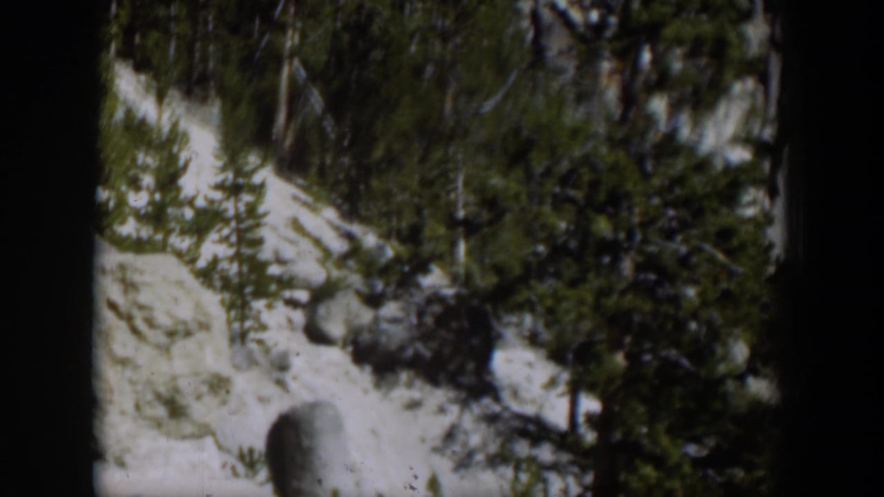 1951 Wyoming home-movie frame of gray rocks, conifers, and snow patches on a bright mountain slope.