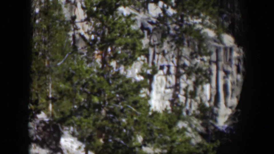 1951 Wyoming 8mm frame showing pine trees, a rocky cliff face, and a distant waterfall viewed from across the landscape.