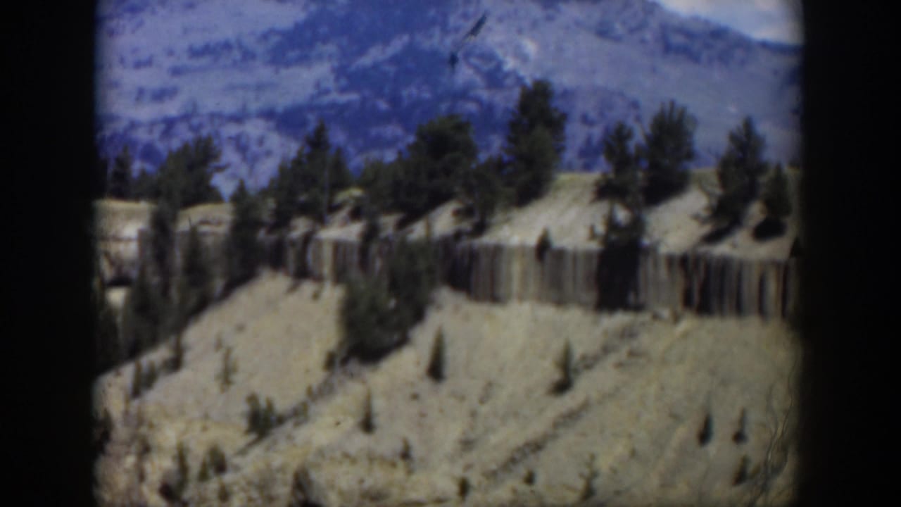 1951 Wyoming home-movie frame of a scree-covered cliff line, evergreen trees, and hazy mountains beyond.