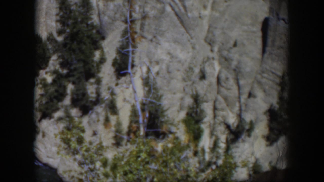 1951 Wyoming frame showing a textured gray cliff face, evergreen trees, and green brush within rounded 8mm borders.