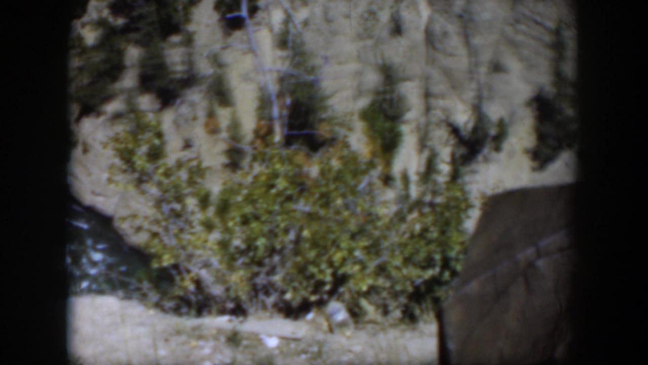Vintage 8mm frame from Wyoming showing a downward scenic view of river water, brush, and exposed cliff stone.