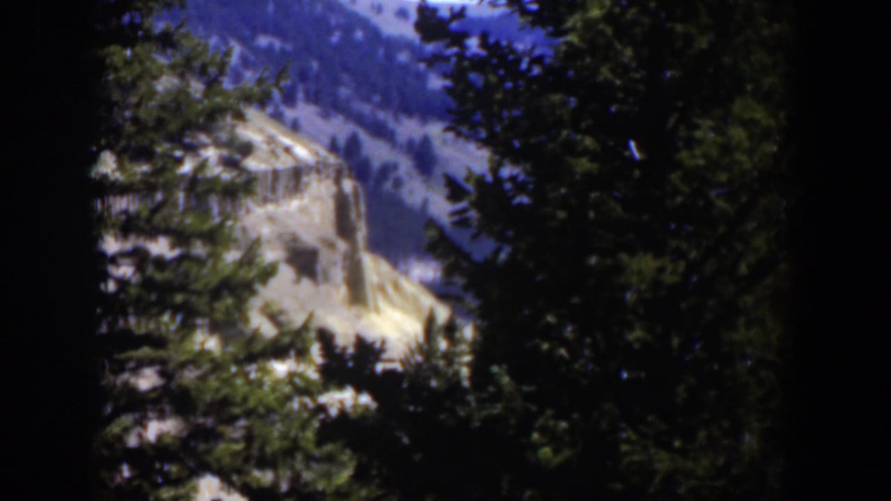 1951 Wyoming 8mm frame showing a sunlit rocky cliff and forested slope framed by shadowed evergreen trees.