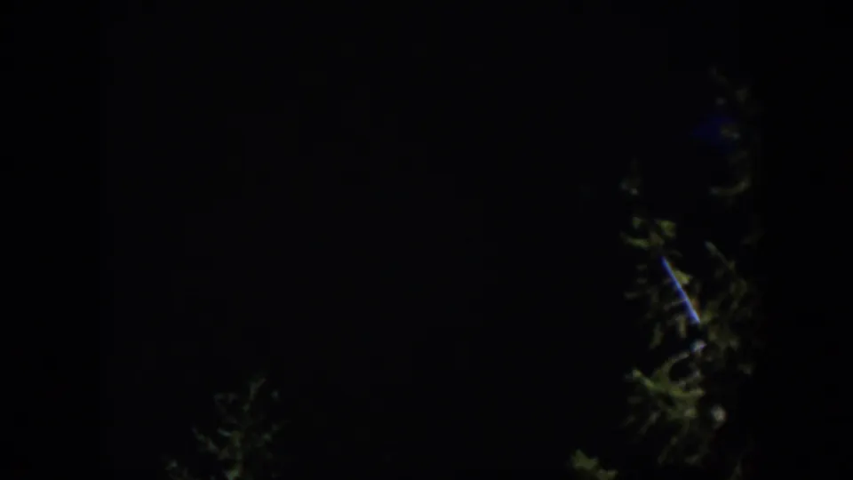 1951 Wyoming 8mm frame showing barely lit evergreen trees against a mostly black nighttime background.