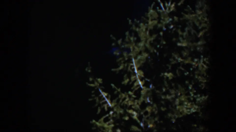 1951 Wyoming 8mm frame with the top of an evergreen tree silhouetted and faintly colored against a black night sky.