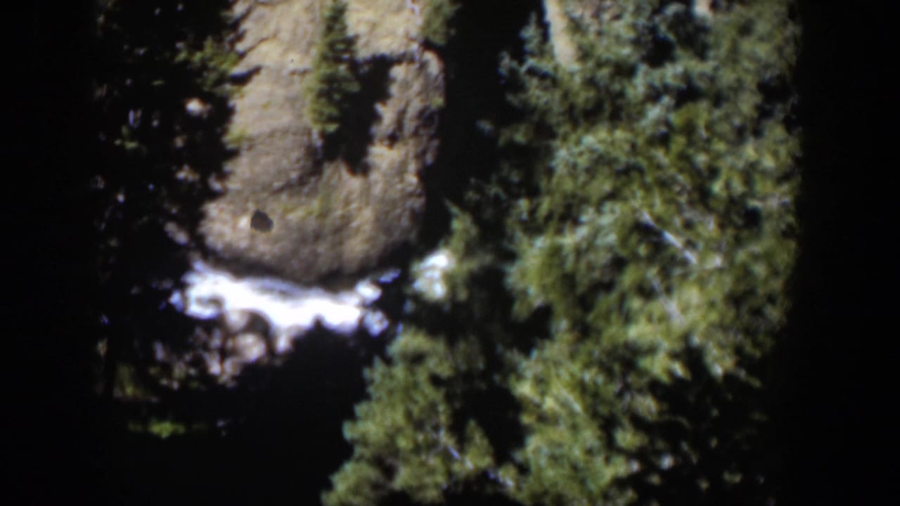 1951 Wyoming 8mm frame of a rocky forest canyon with white rushing water visible below evergreen branches.
