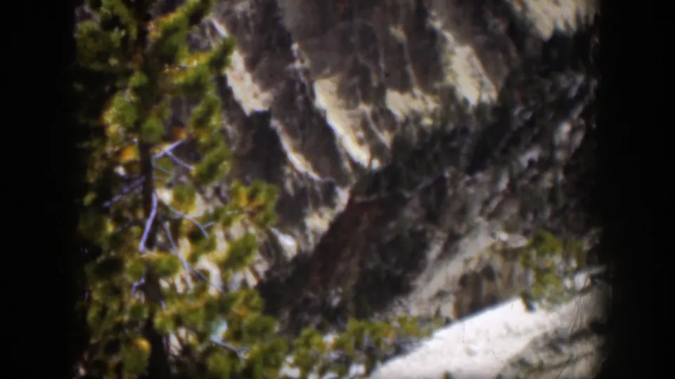 1951 Wyoming home-movie frame with pine branches, pale snow, and a rugged gray-brown mountainside seen through dark frame edges.