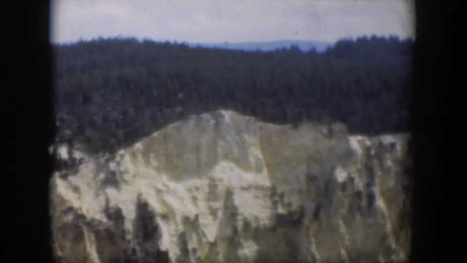 1951 Wyoming 8mm view of a light-colored cliff or slope backed by dense trees, framed by dark film-scan edges.