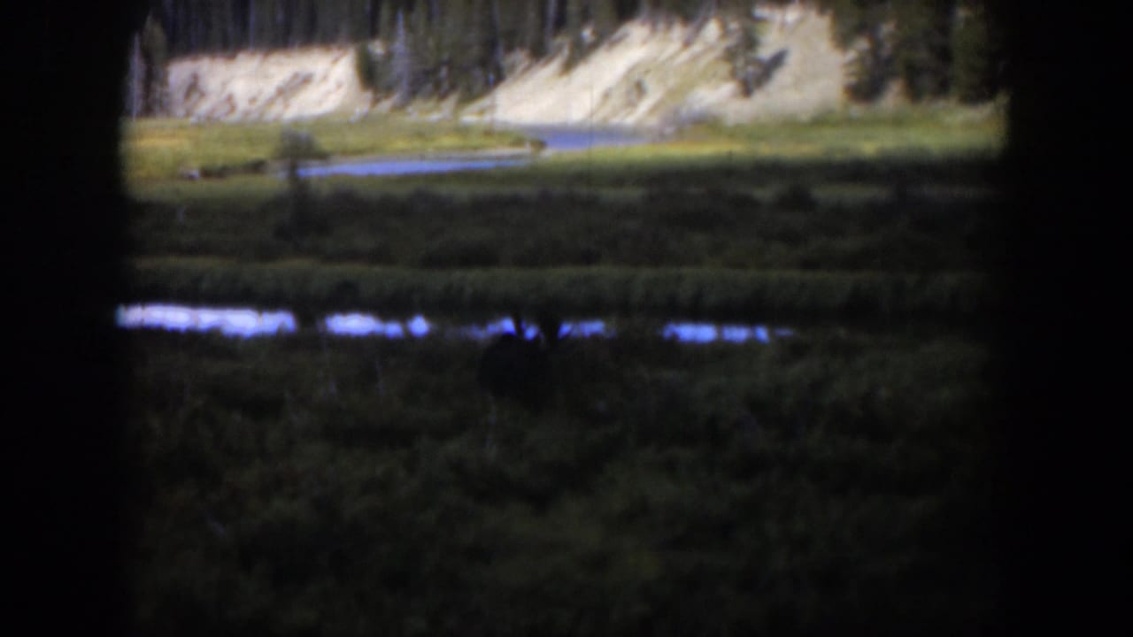 1951 Wyoming 8mm frame revealing a green valley, reflective stream or pond, pale cliffs, and scattered trees.
