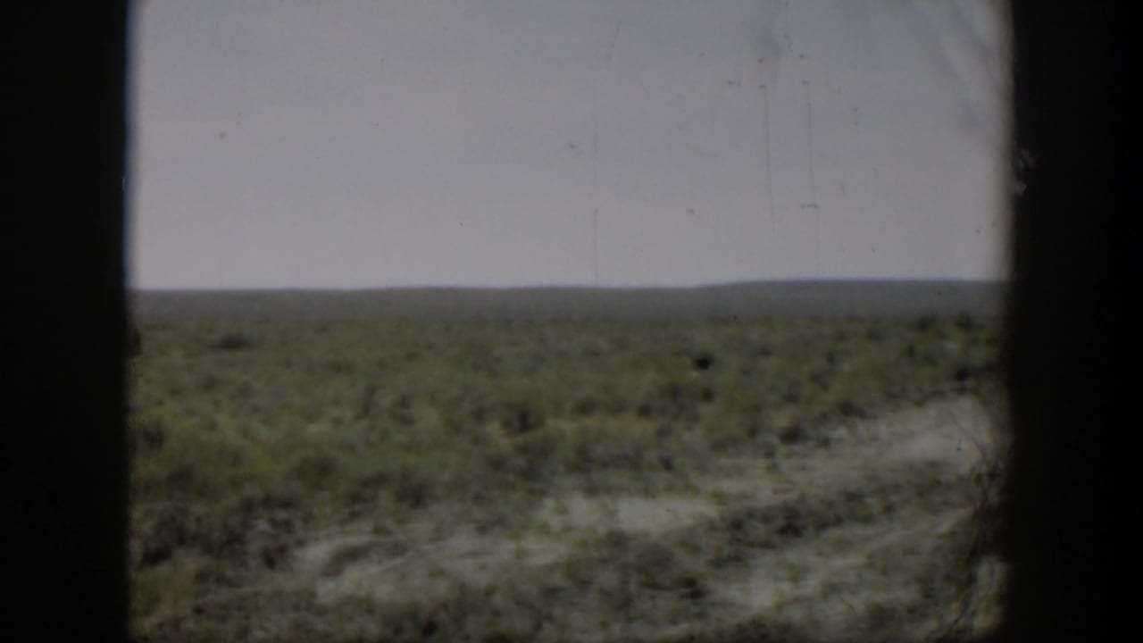 Flat open land with sparse green growth beneath a pale overcast sky and dark 8mm frame edges.