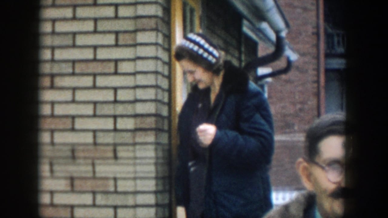 Woman in a dark coat and patterned hat walks near a brick house entrance.