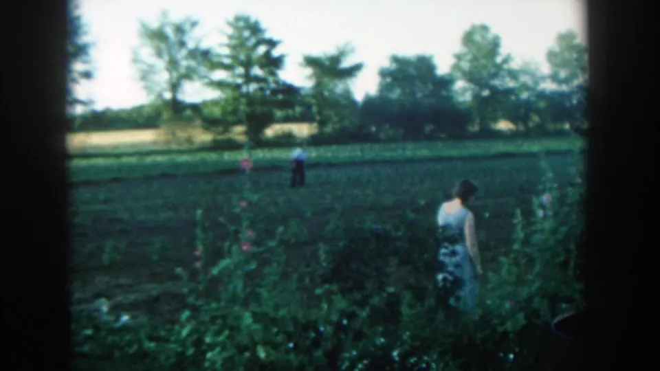 1957 Michigan 8mm frame showing a woman near tall garden plants and flowers, with a man walking across a cultivated field in the background.