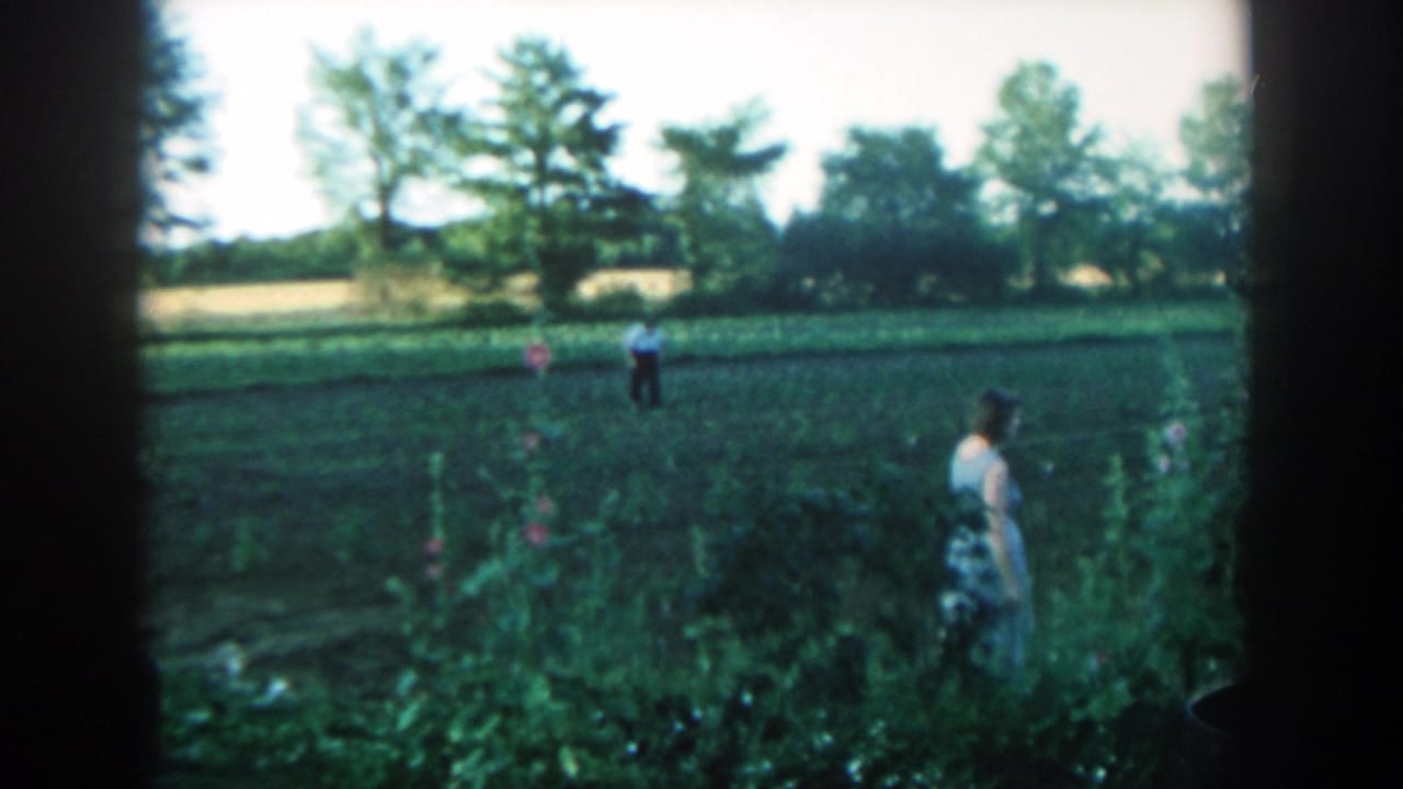 Woman faces toward the field near garden growth as a man walks in the distance.