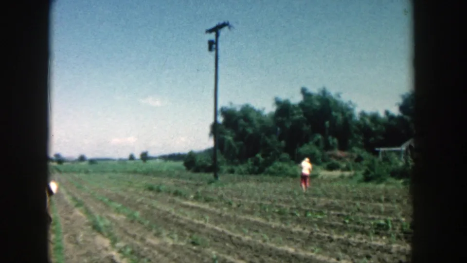 1957 Michigan 8mm frame showing a woman walking across planted rows, with a partial kneeling figure, trees, and a utility pole visible.