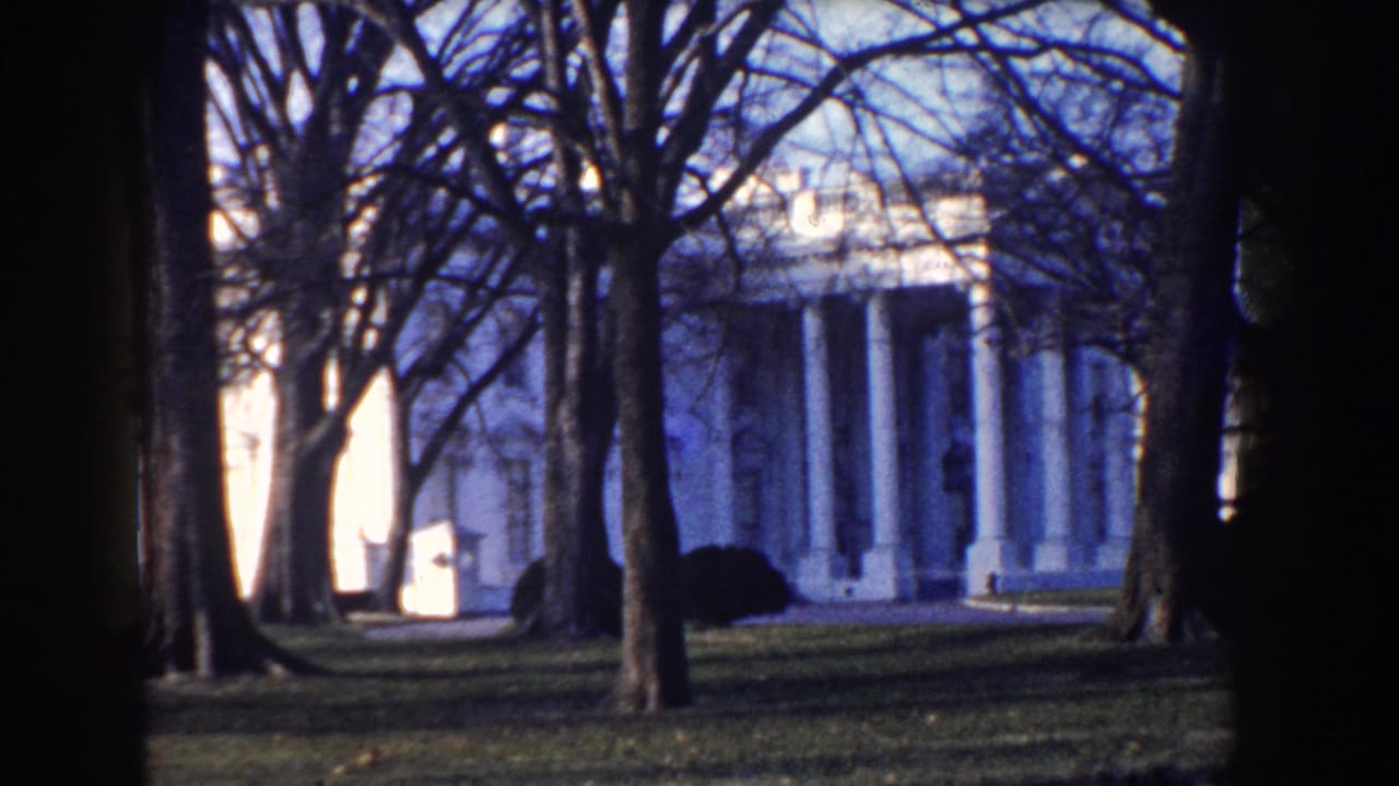 The White House exterior appears through bare trees, with winter lawn and deep shadows in the foreground.