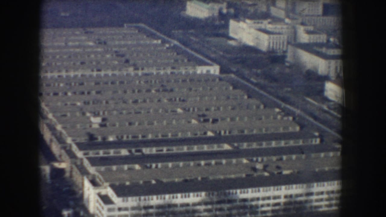 Aerial view of the Pentagon roof and surrounding federal buildings.