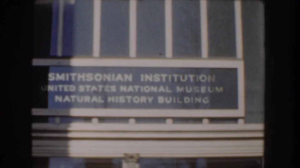 1960 Washington DC 8mm view of the Smithsonian Institution Natural History Building sign with facade details and visible film-frame overlap.