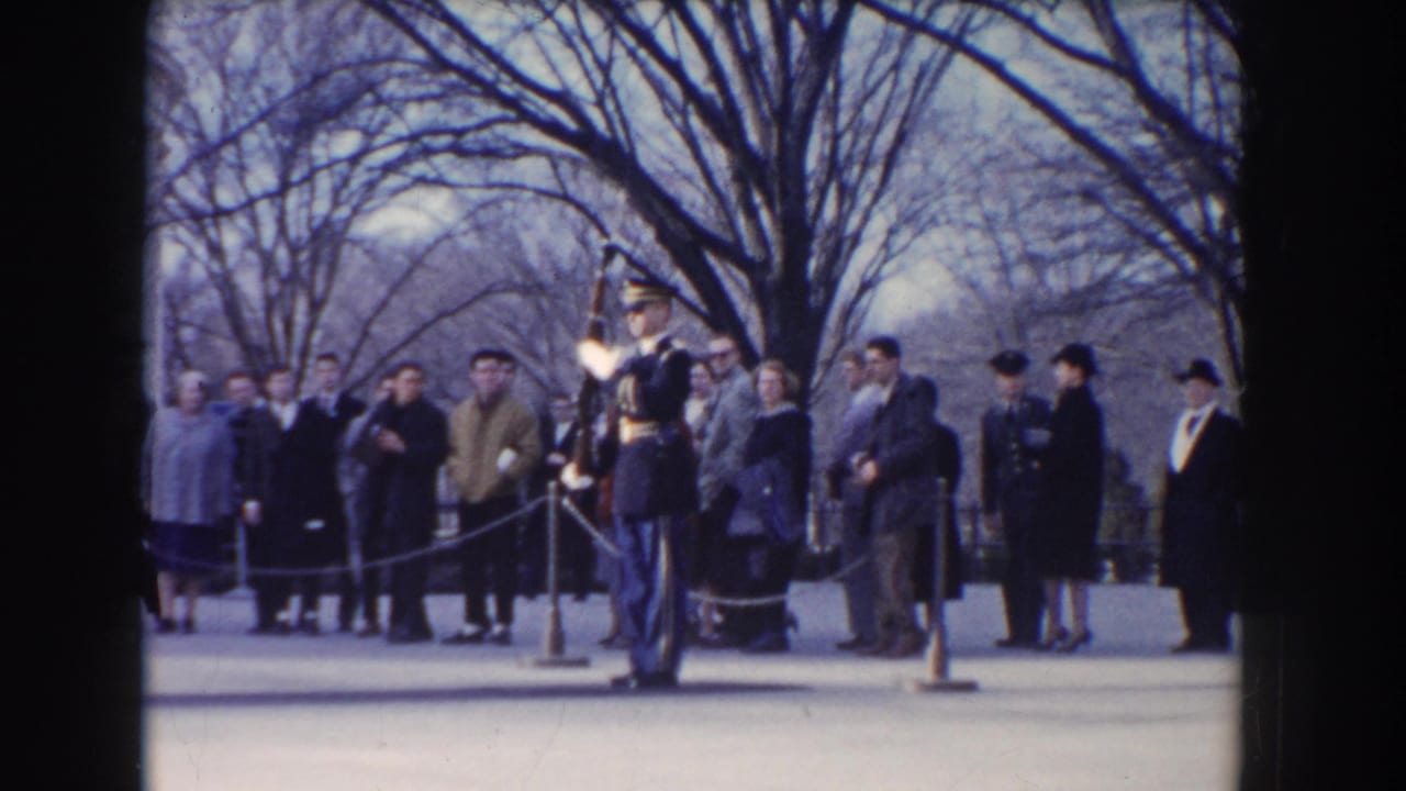 Uniformed ceremonial guard with rifle stands near spectators behind a rope barrier in a tree-lined park.