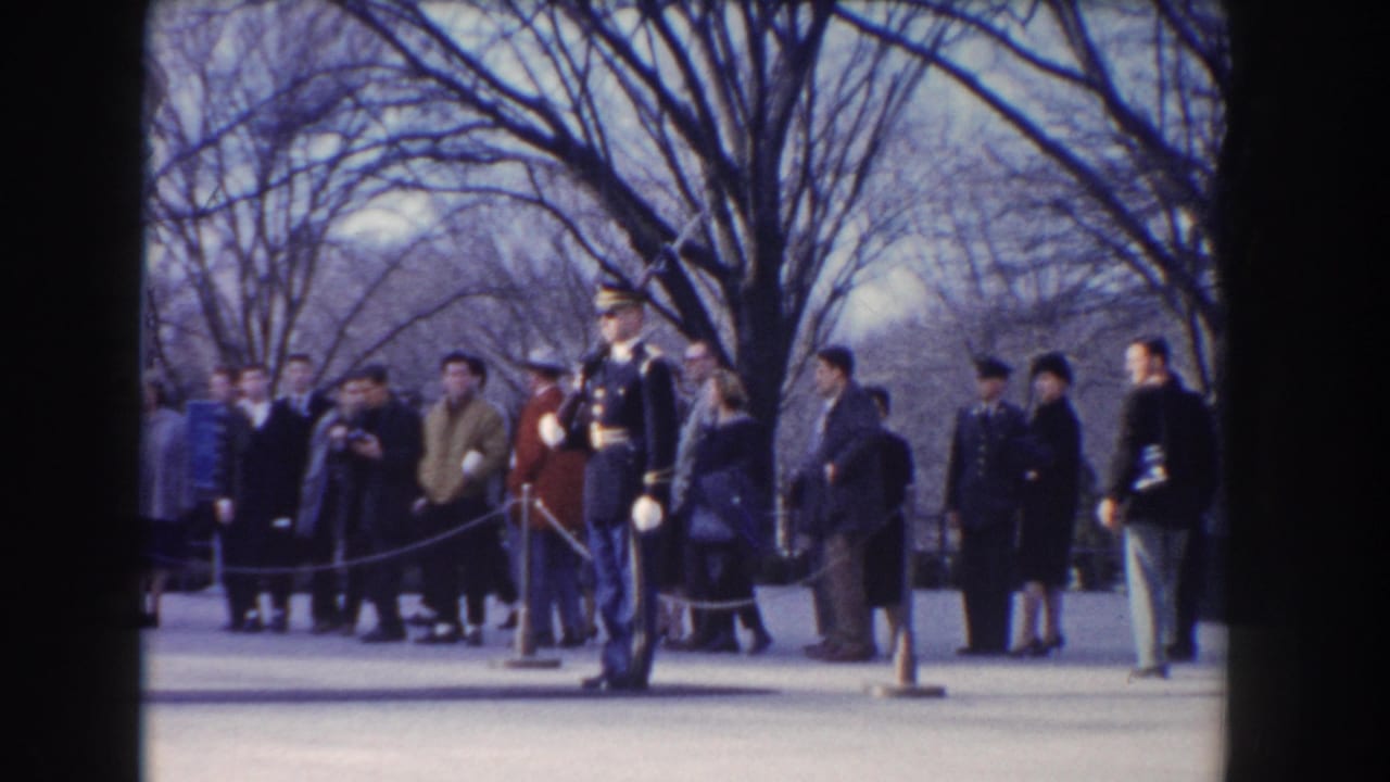 Ceremonial guard with rifle stands in profile as visitors gather behind ropes under bare trees.
