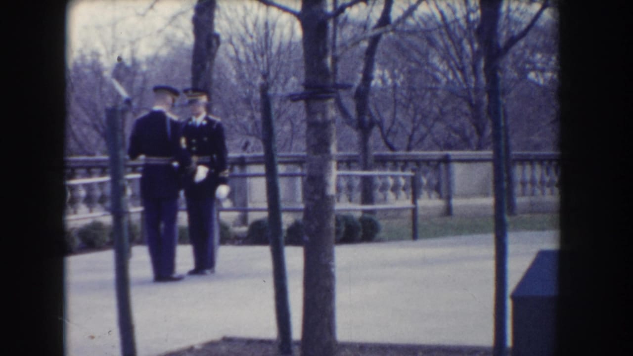 Two uniformed soldiers stand near trees and a stone balustrade during a rifle inspection.