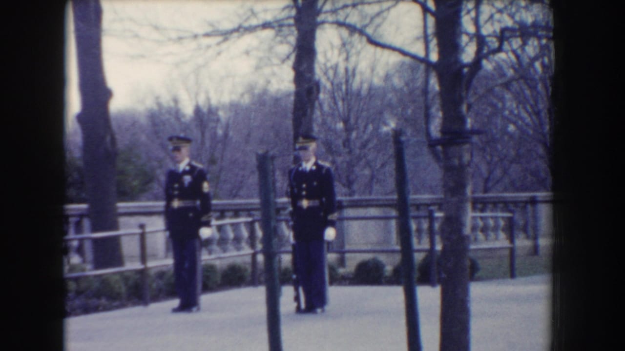 Two formal military guards stand on a Washington, DC walkway with bare trees and a stone railing behind them.