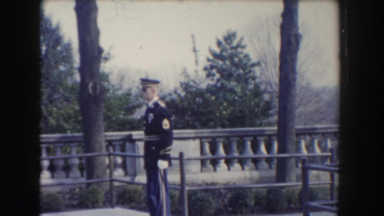Soldier in formal uniform standing near a balustrade with trees behind him.