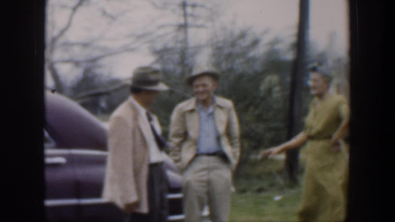 Two men in hats and a woman in a green dress standing by a car and shrubs outdoors.