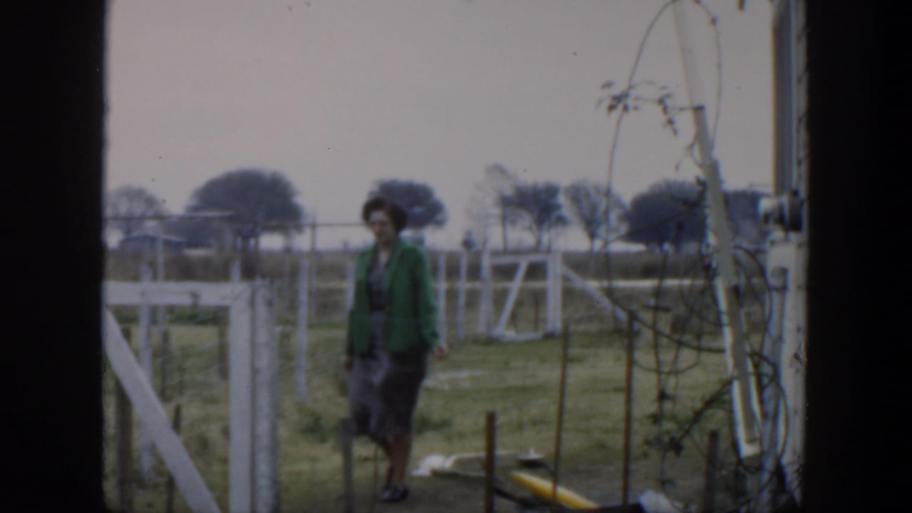 Woman stepping through a fenced yard near wires and house siding.