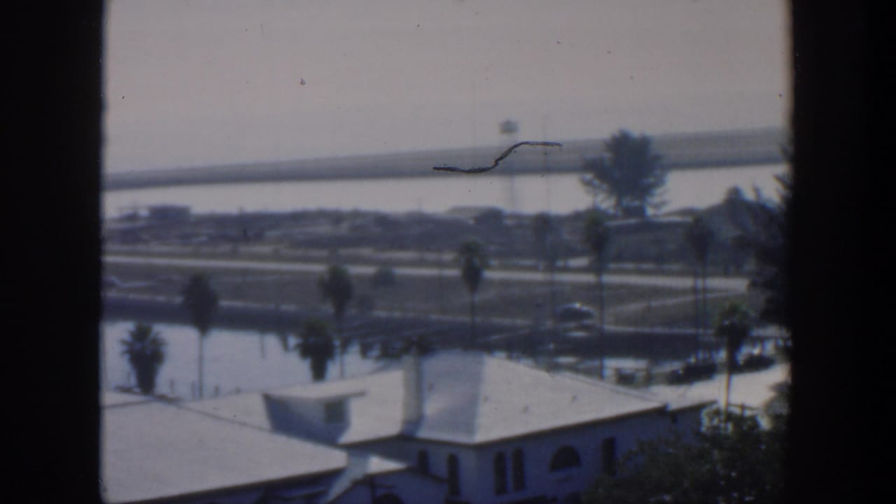 1951 Cuba 8mm frame showing a soft waterfront city view with white roofs, palms, roadways, water, and a distant tower.
